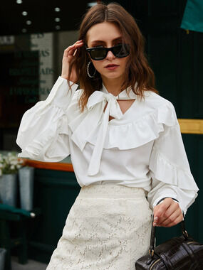 ZARA Womens Tie Neck Ruffle Trim Blouse Spring Autumn Fashion